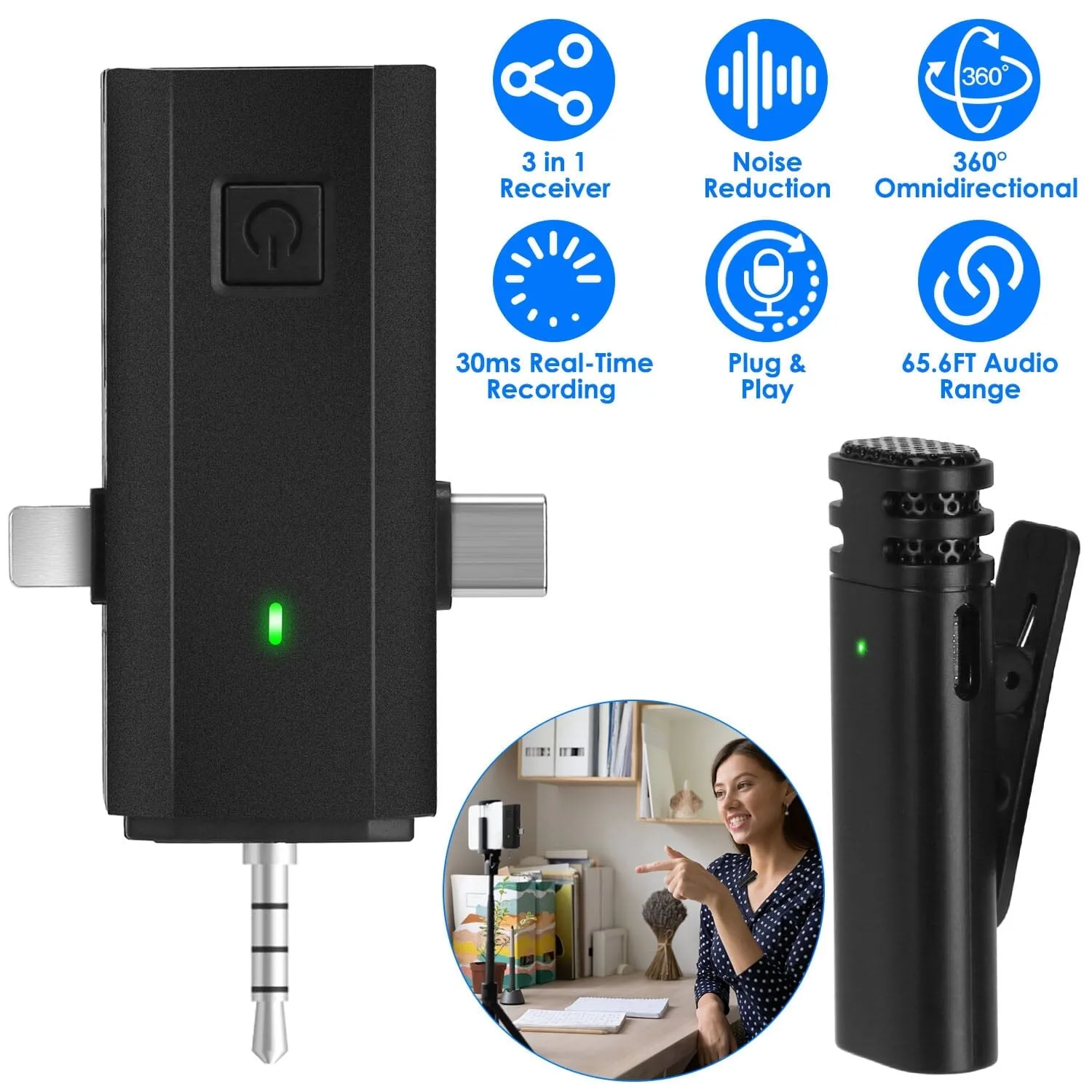3-in-1 Wireless Clip On Microphone Omnidirectional Noise Reduction Plug