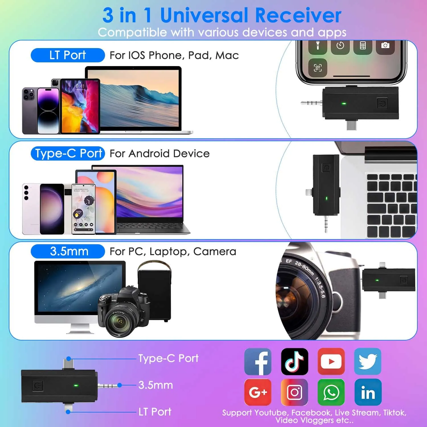 3-in-1 Wireless Clip On Microphone Omnidirectional Noise Reduction Plug
