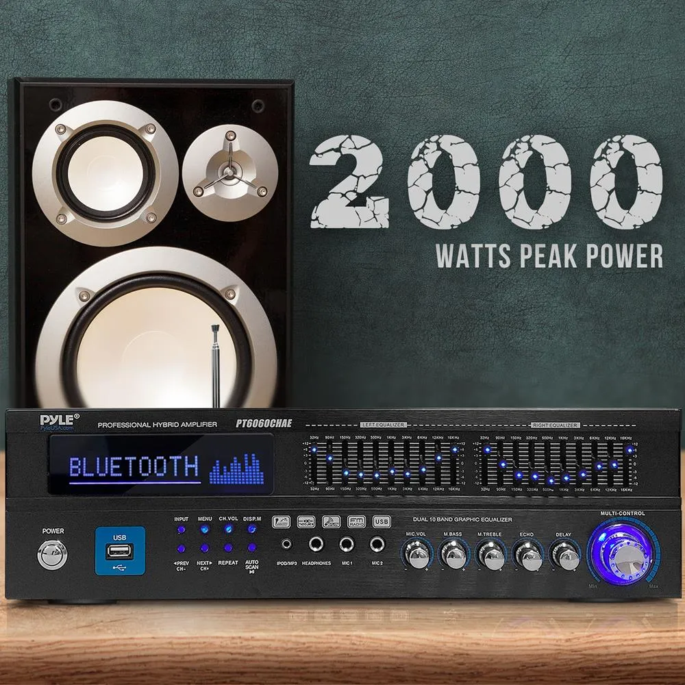 6 Channel Bluetooth Home Theater Amplifier - Built-In Cooling Fan With & Radio Antenna, Bt/Fm/Optical/Coaxial/Hdmi & Dual 10 Band Eq, 2000 Watts Peak Power