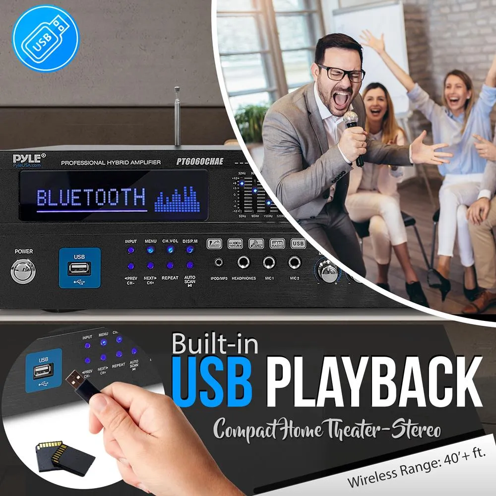 6 Channel Bluetooth Home Theater Amplifier - Built-In Cooling Fan With & Radio Antenna, Bt/Fm/Optical/Coaxial/Hdmi & Dual 10 Band Eq, 2000 Watts Peak Power