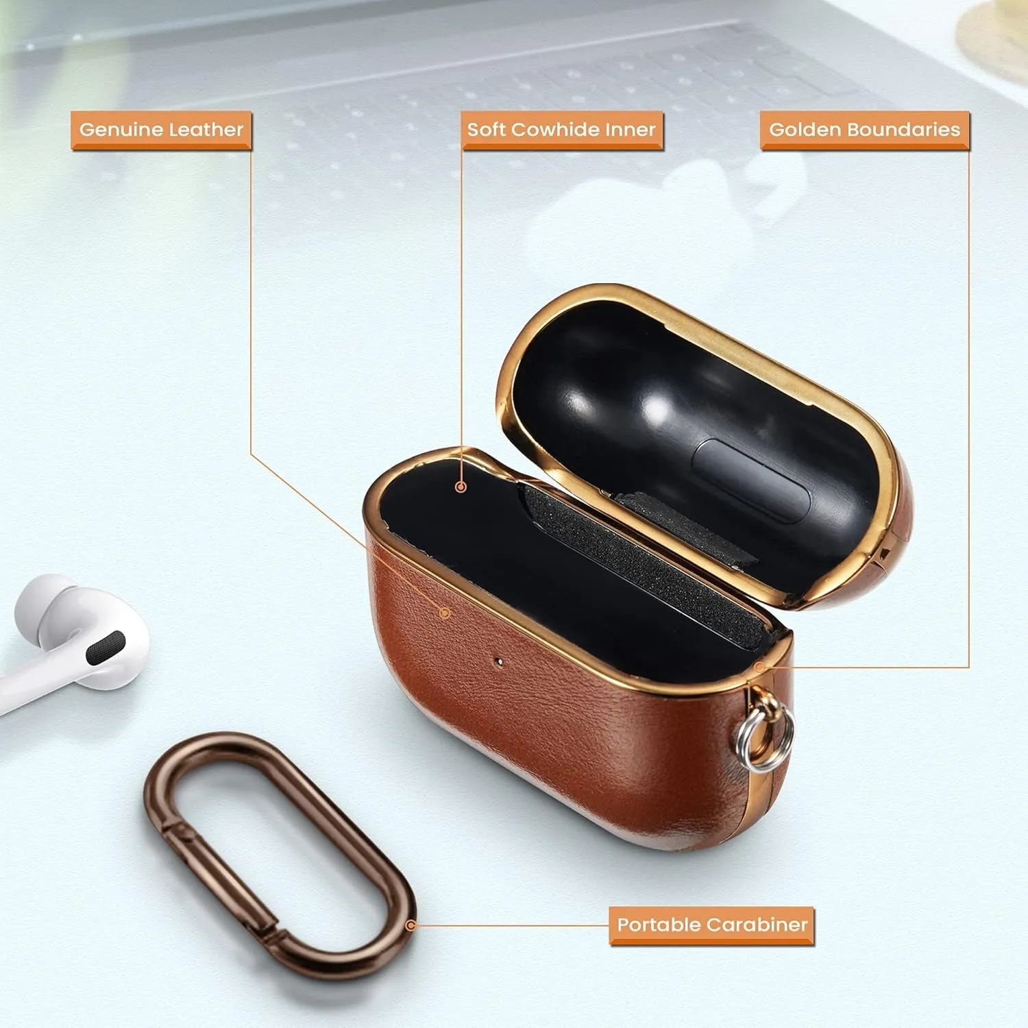 Airpods Pro Case Leather, Protective Airpods Case Cover for Apple Airpods 3, Genuine Leather Case for Airpods Pro with Keychain [Front LED Visible] Headphone Cases for Airpods Pro Charging Case