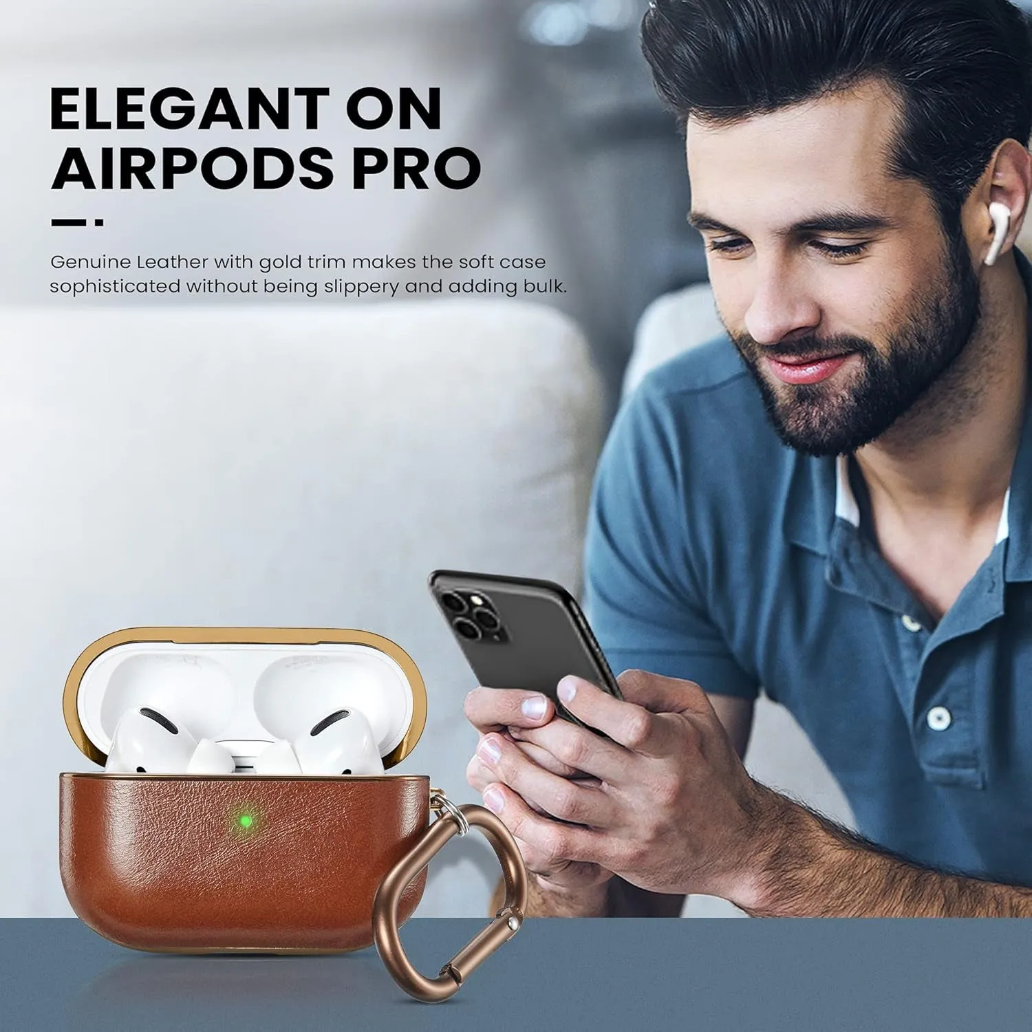 Airpods Pro Case Leather, Protective Airpods Case Cover for Apple Airpods 3, Genuine Leather Case for Airpods Pro with Keychain [Front LED Visible] Headphone Cases for Airpods Pro Charging Case