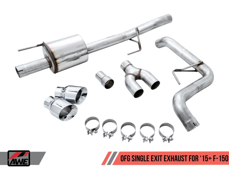 AWE Tuning 2015  Ford F-150 0FG Single Exit Performance Exhaust System w/4.5in Chrome Silver Tips