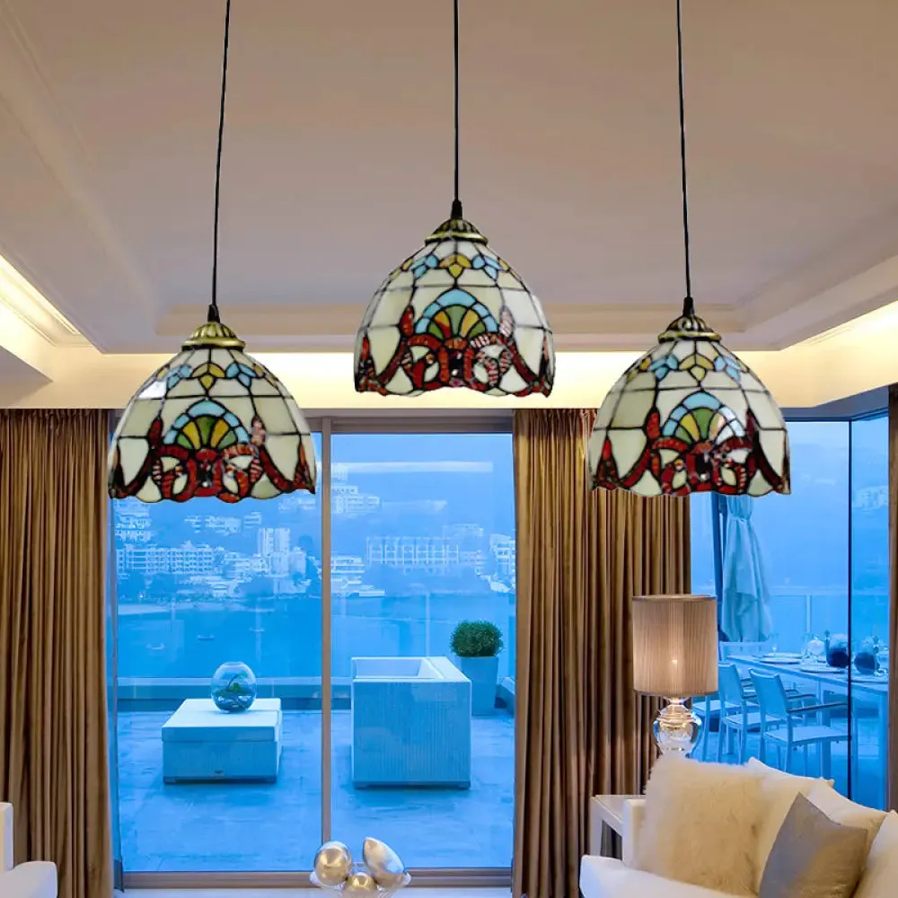 Baroque Style Stained Glass Pendant with 3 Lights - Brown/Black Linear Ceiling Fixture for Dining Room