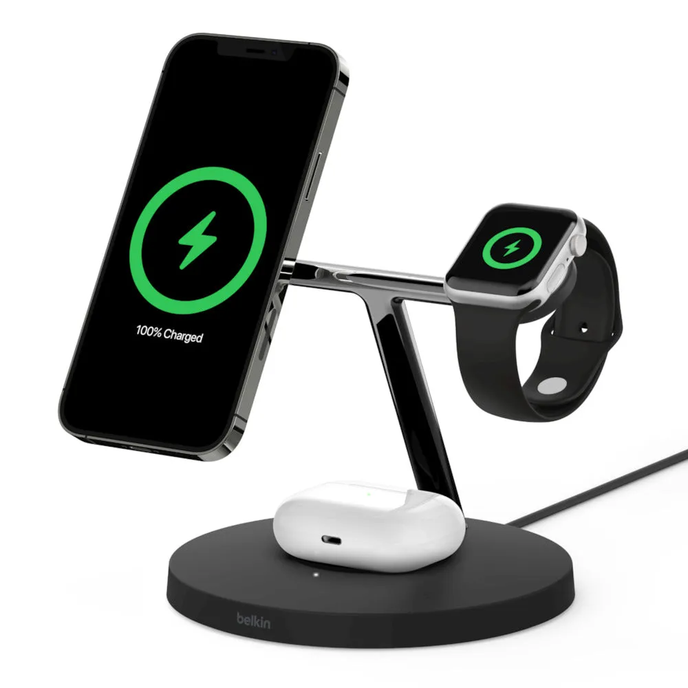 Belkin 15W Magsafe 3 in 1 Magnetic Wireless Charger For iPhone 12/13/1/15/16 series- Black -Black