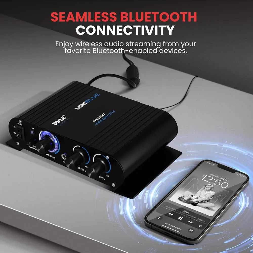 Bluetooth Mini Blue Compact Audio Amplifier - Aux (3.5Mm) Input, Push-Type Speaker Terminals, Includes Power Adapter, 90 Watt Amp
