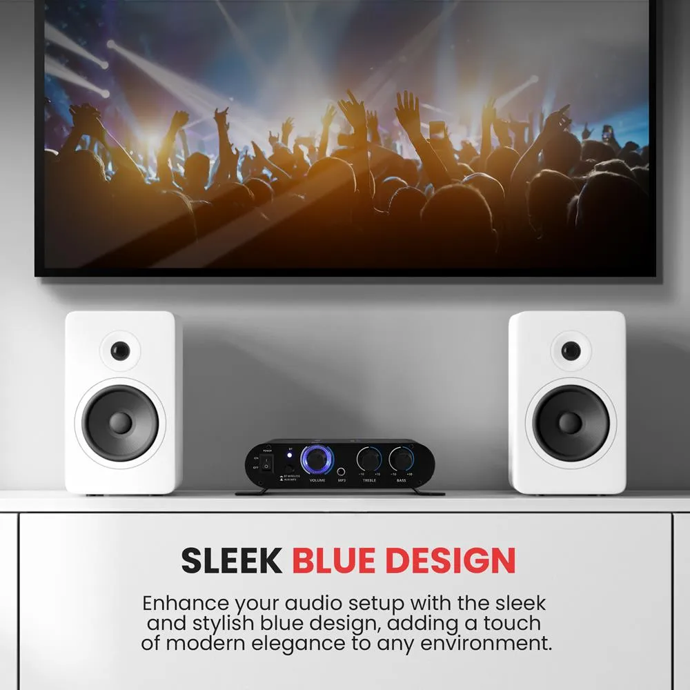 Bluetooth Mini Blue Compact Audio Amplifier - Aux (3.5Mm) Input, Push-Type Speaker Terminals, Includes Power Adapter, 90 Watt Amp