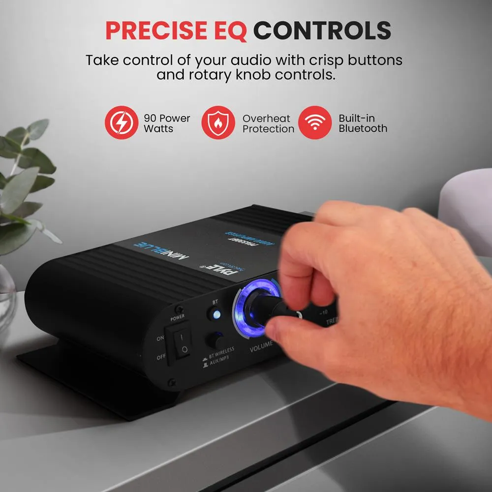 Bluetooth Mini Blue Compact Audio Amplifier - Aux (3.5Mm) Input, Push-Type Speaker Terminals, Includes Power Adapter, 90 Watt Amp