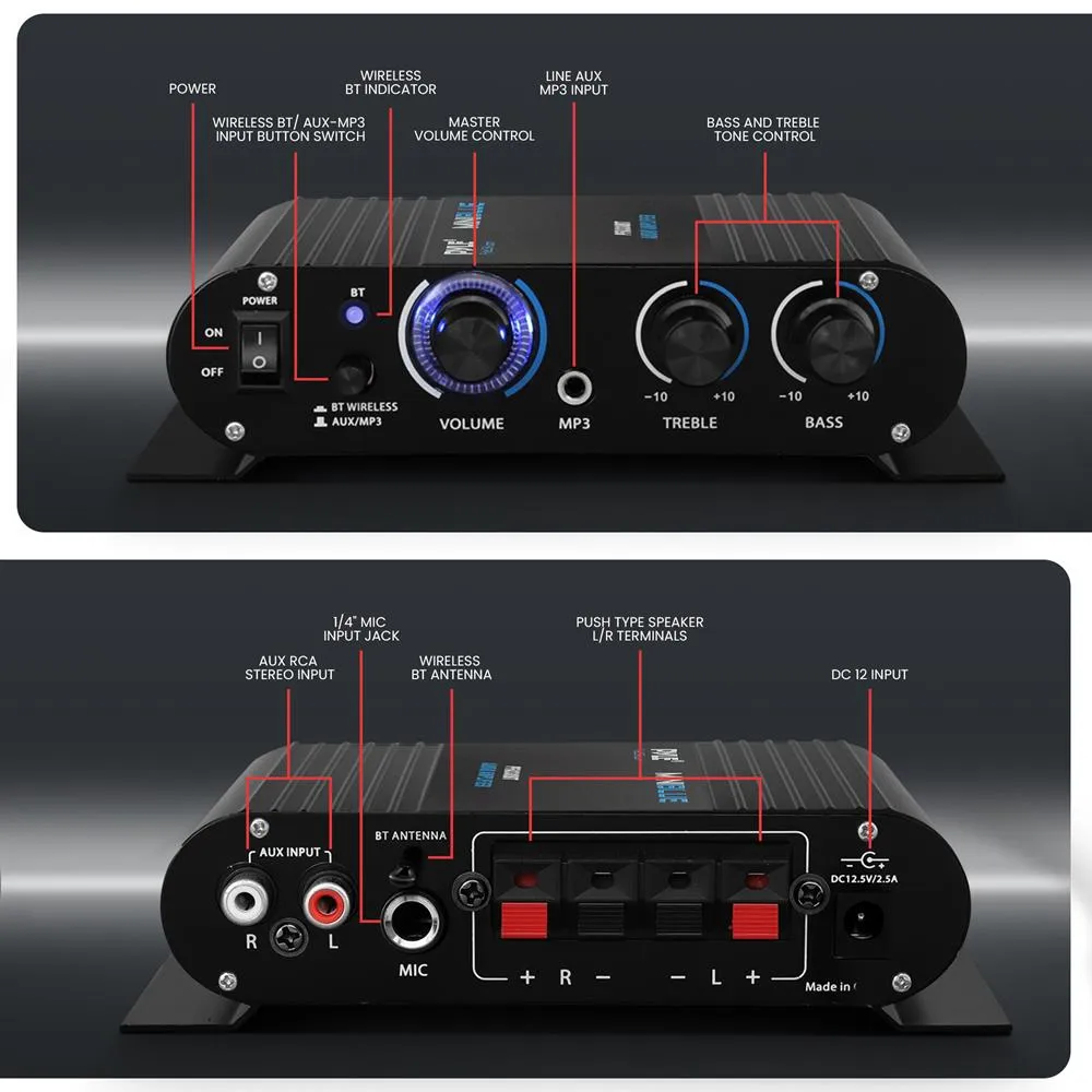 Bluetooth Mini Blue Compact Audio Amplifier - Aux (3.5Mm) Input, Push-Type Speaker Terminals, Includes Power Adapter, 90 Watt Amp