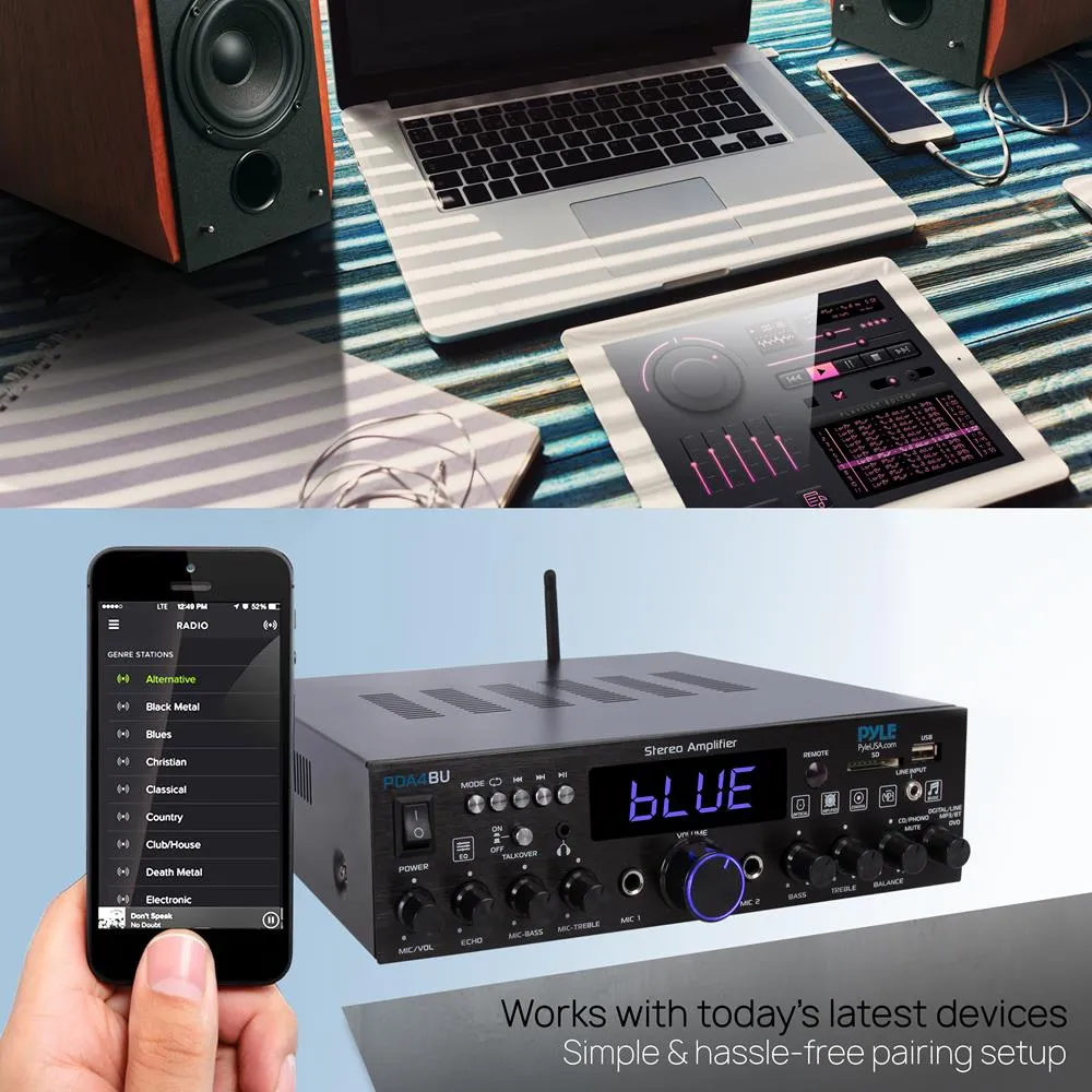 Bluetooth Stereo Amplifier Receiver - Optical, Phono, Coaxial, Fm Radio, Usb & Sd Memory Card Readers, Line (3.5 Mm) Input, Digital Led Display, Microphone Inputs (200 Watt)