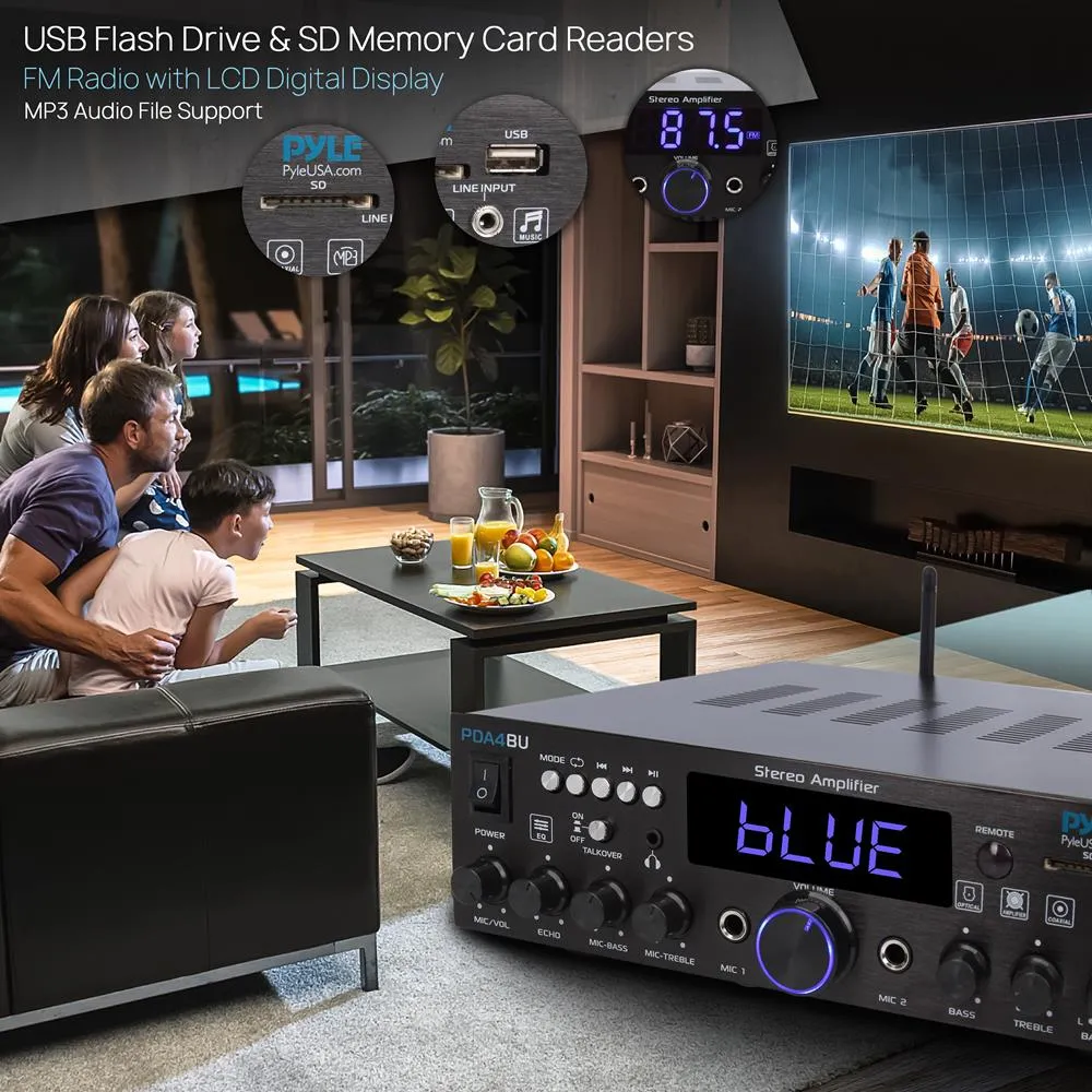 Bluetooth Stereo Amplifier Receiver - Optical, Phono, Coaxial, Fm Radio, Usb & Sd Memory Card Readers, Line (3.5 Mm) Input, Digital Led Display, Microphone Inputs (200 Watt)