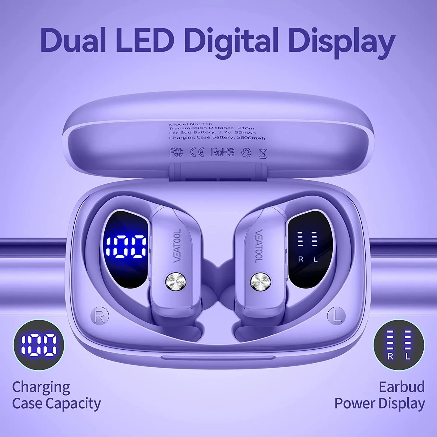 Bmani T16 LED Display Over-Ear Buds with Earhooks Built-in Mic Wireless Headphone, Purple