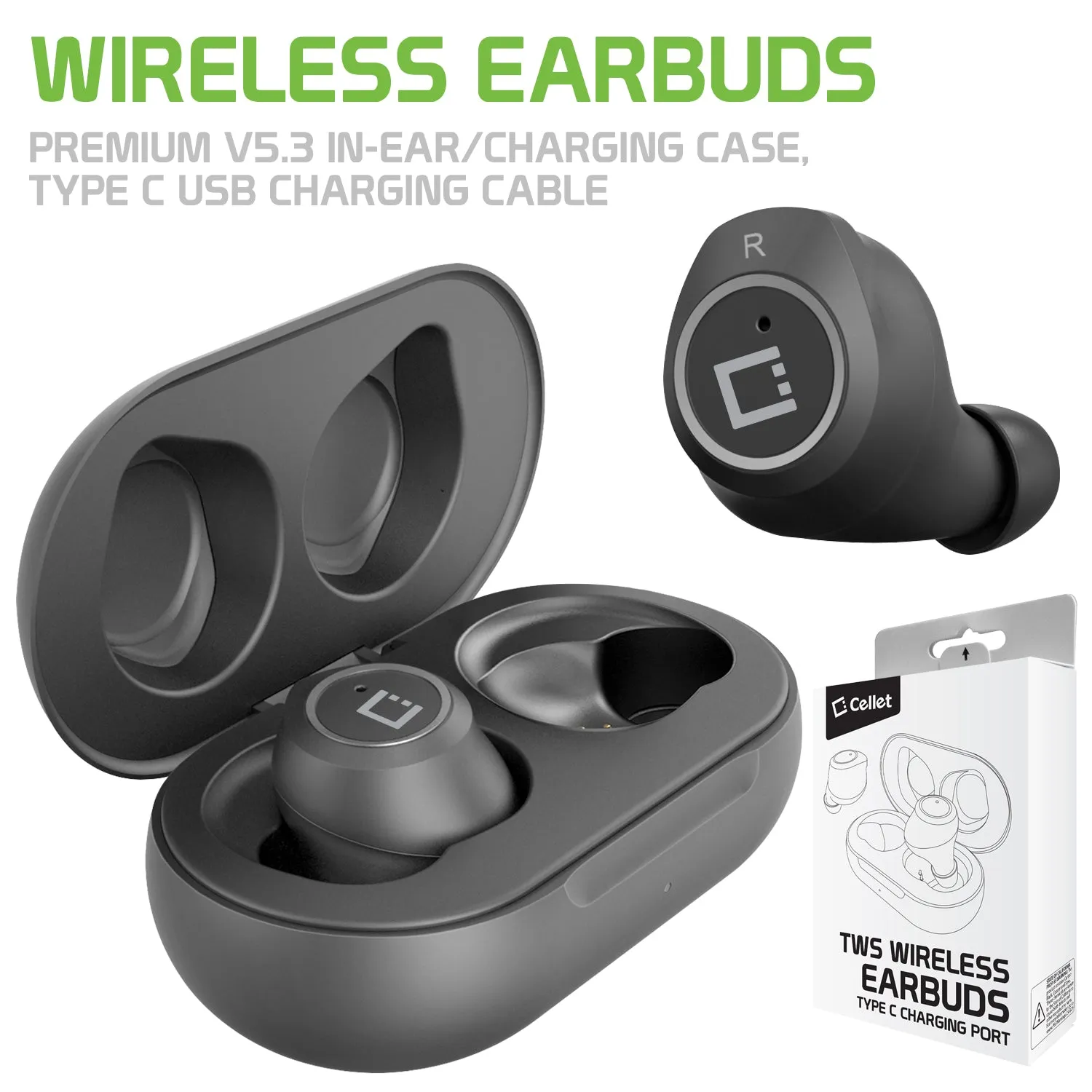 Cellet Wireless Earbuds, with Charging case, with USB-C Charging - Black