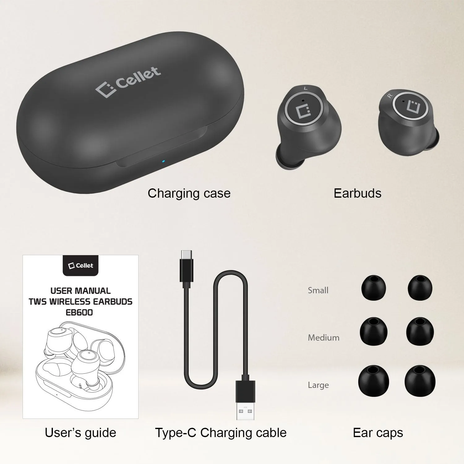 Cellet Wireless Earbuds, with Charging case, with USB-C Charging - Black