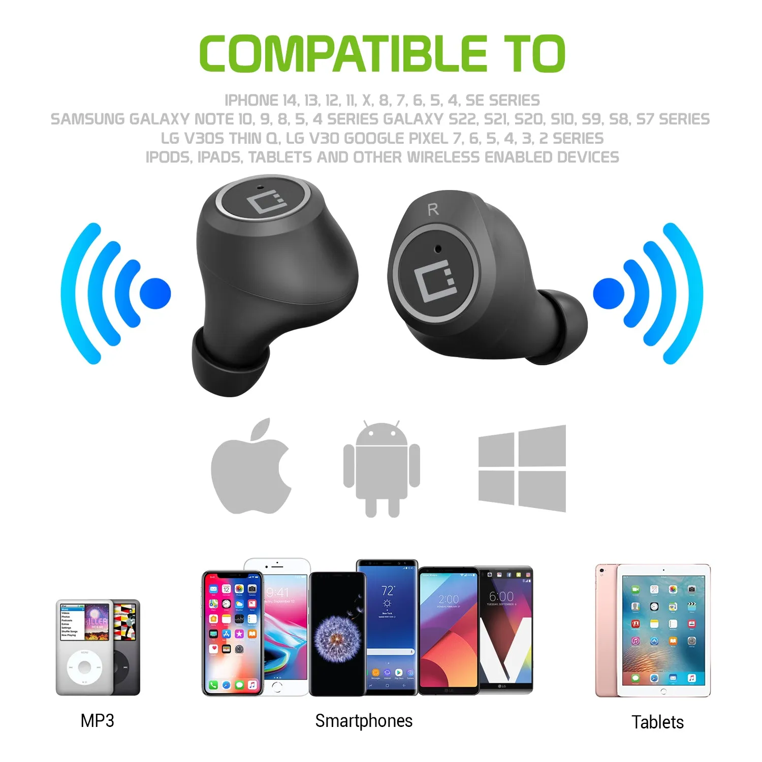 Cellet Wireless Earbuds, with Charging case, with USB-C Charging - Black