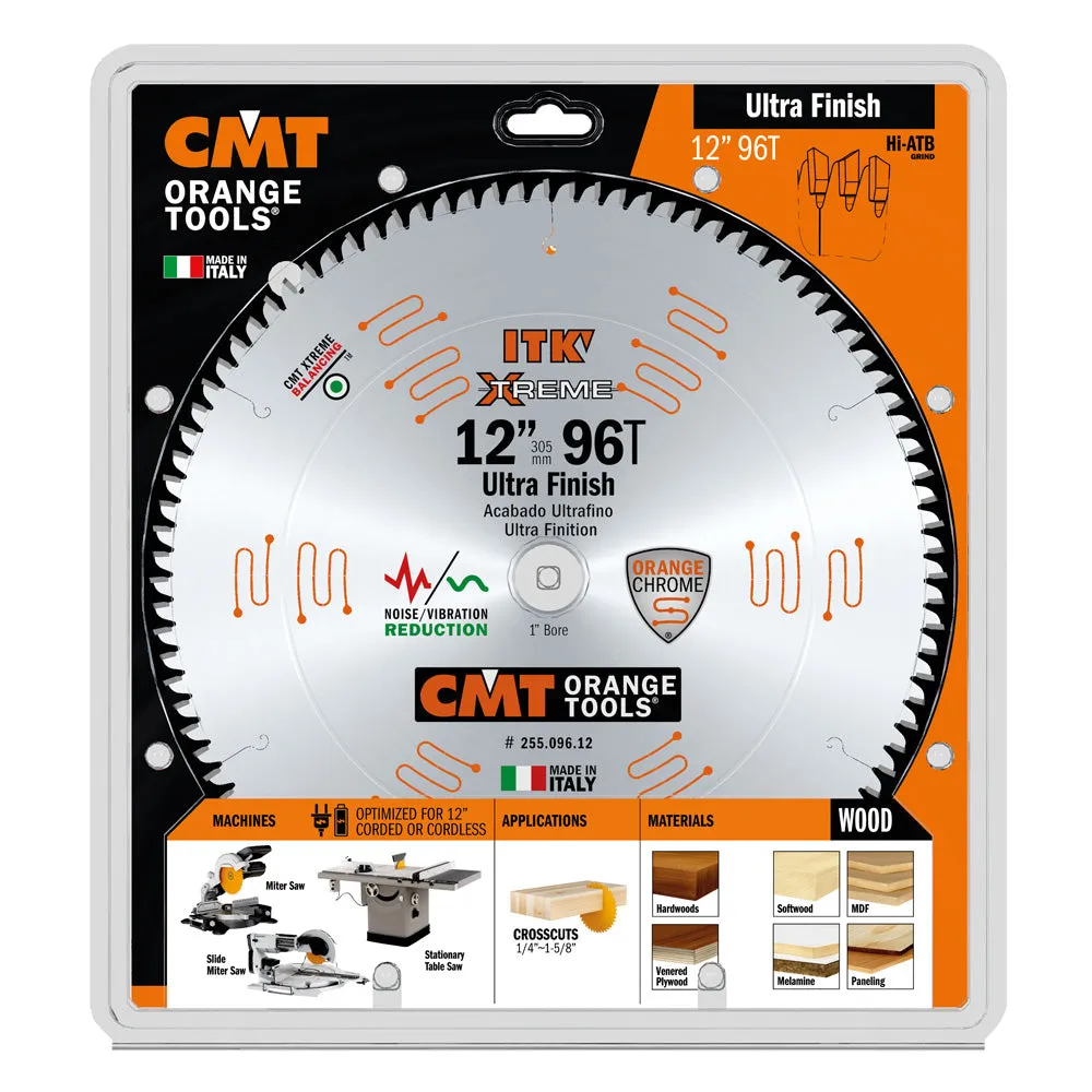 CMT Orange ITK Ultra Finish Saw Blade 12" x T96 40° ATB Grind with 1-Inch Bore (0.110" Thin Kerf)