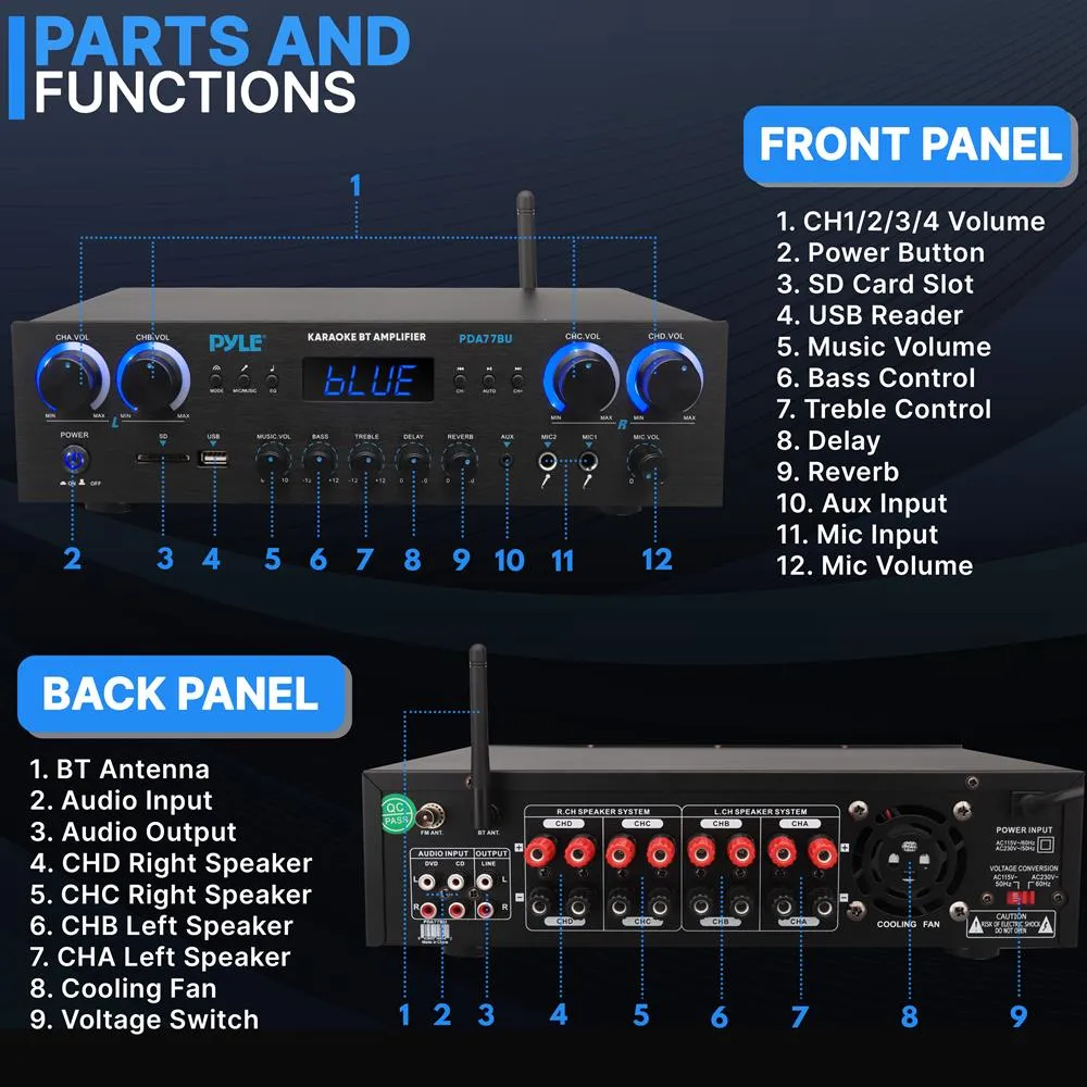 Compact Home Theater Amplifier Stereo Receiver With Bluetooth Wireless Streaming, Independent Mic Echo & Volume Control, Mp3/Usb/Sd/Aux/Fm Radio (800 Watt)