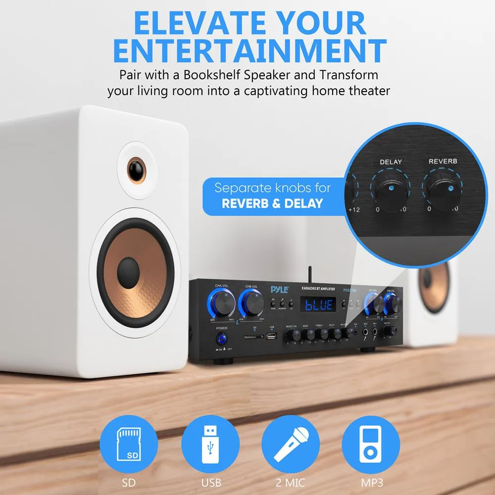 Compact Home Theater Amplifier Stereo Receiver With Bluetooth Wireless Streaming, Independent Mic Echo & Volume Control, Mp3/Usb/Sd/Aux/Fm Radio (800 Watt)