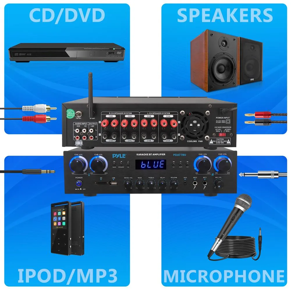 Compact Home Theater Amplifier Stereo Receiver With Bluetooth Wireless Streaming, Independent Mic Echo & Volume Control, Mp3/Usb/Sd/Aux/Fm Radio (800 Watt)
