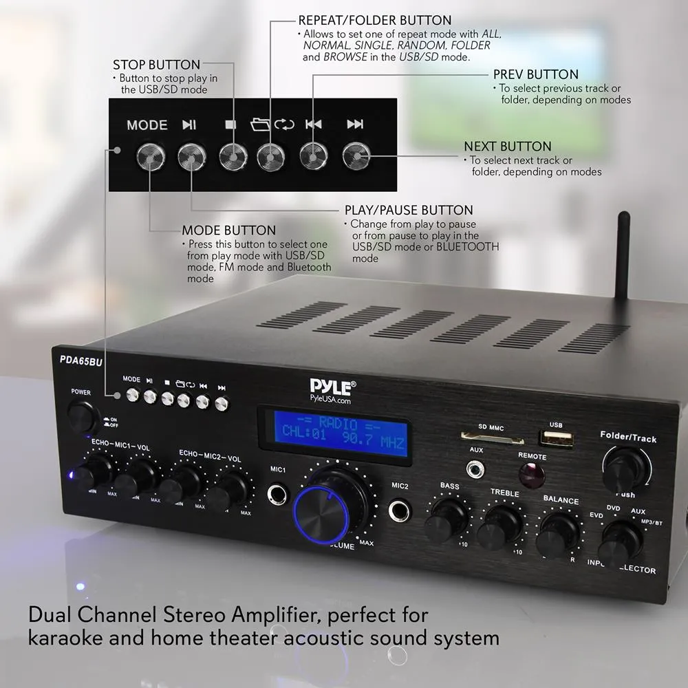 Compact Home Theater Amplifier Stereo Receiver With Bluetooth Wireless Streaming, Independent Mic Echo & Volume Control, Mp3/Usb/Sd/Aux/Fm Radio, Av Inputs (200 Watt)