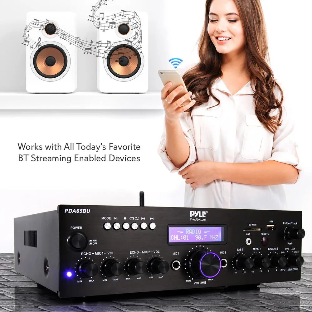 Compact Home Theater Amplifier Stereo Receiver With Bluetooth Wireless Streaming, Independent Mic Echo & Volume Control, Mp3/Usb/Sd/Aux/Fm Radio, Av Inputs (200 Watt)