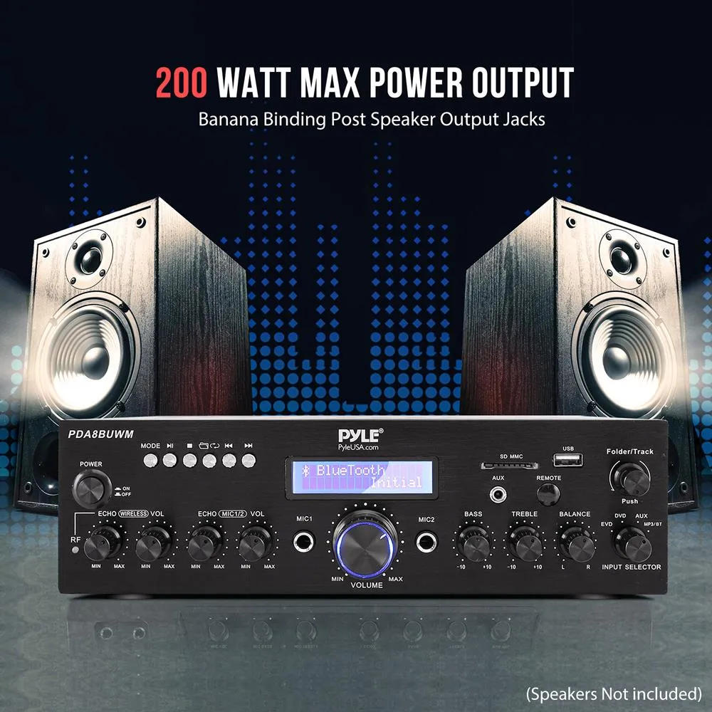 Compact Home Theater Amplifier Stereo Receiver With Bluetooth Wireless Streaming, Uhf Wireless Microphone, Mic Echo, And Volume Control, Mp3/Usb/Sd/Aux/Fm Radio, Av Inputs (200 Watt)