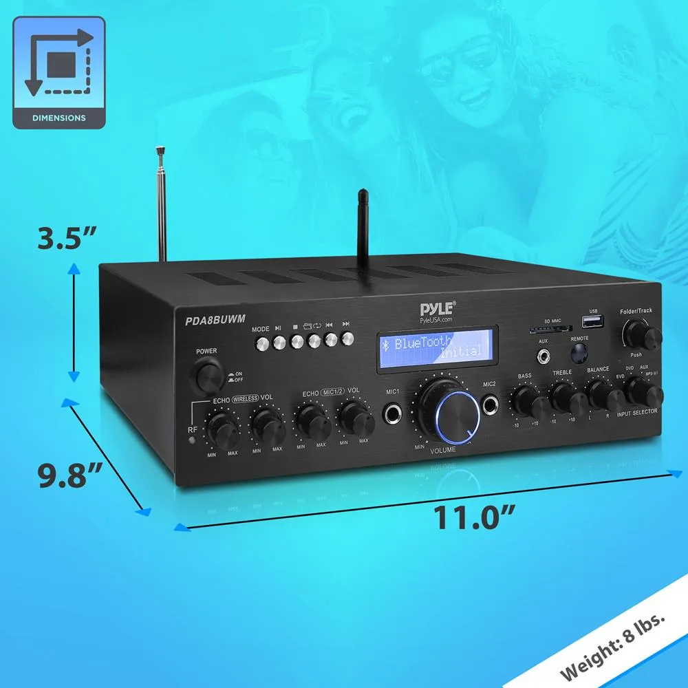 Compact Home Theater Amplifier Stereo Receiver With Bluetooth Wireless Streaming, Uhf Wireless Microphone, Mic Echo, And Volume Control, Mp3/Usb/Sd/Aux/Fm Radio, Av Inputs (200 Watt)