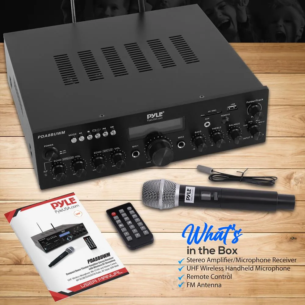 Compact Home Theater Amplifier Stereo Receiver With Bluetooth Wireless Streaming, Uhf Wireless Microphone, Mic Echo, And Volume Control, Mp3/Usb/Sd/Aux/Fm Radio, Av Inputs (200 Watt)