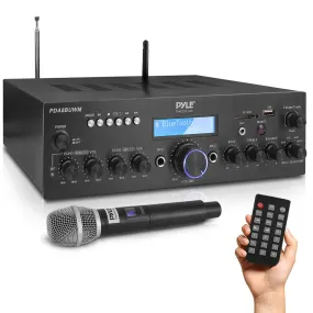 Compact Home Theater Amplifier Stereo Receiver With Bluetooth Wireless Streaming, Uhf Wireless Microphone, Mic Echo, And Volume Control, Mp3/Usb/Sd/Aux/Fm Radio, Av Inputs (200 Watt)