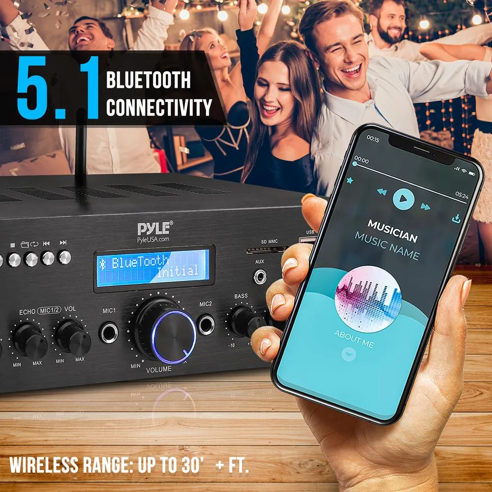 Compact Home Theater Amplifier Stereo Receiver With Bluetooth Wireless Streaming, Uhf Wireless Microphone, Mic Echo, And Volume Control, Mp3/Usb/Sd/Aux/Fm Radio, Av Inputs (200 Watt)