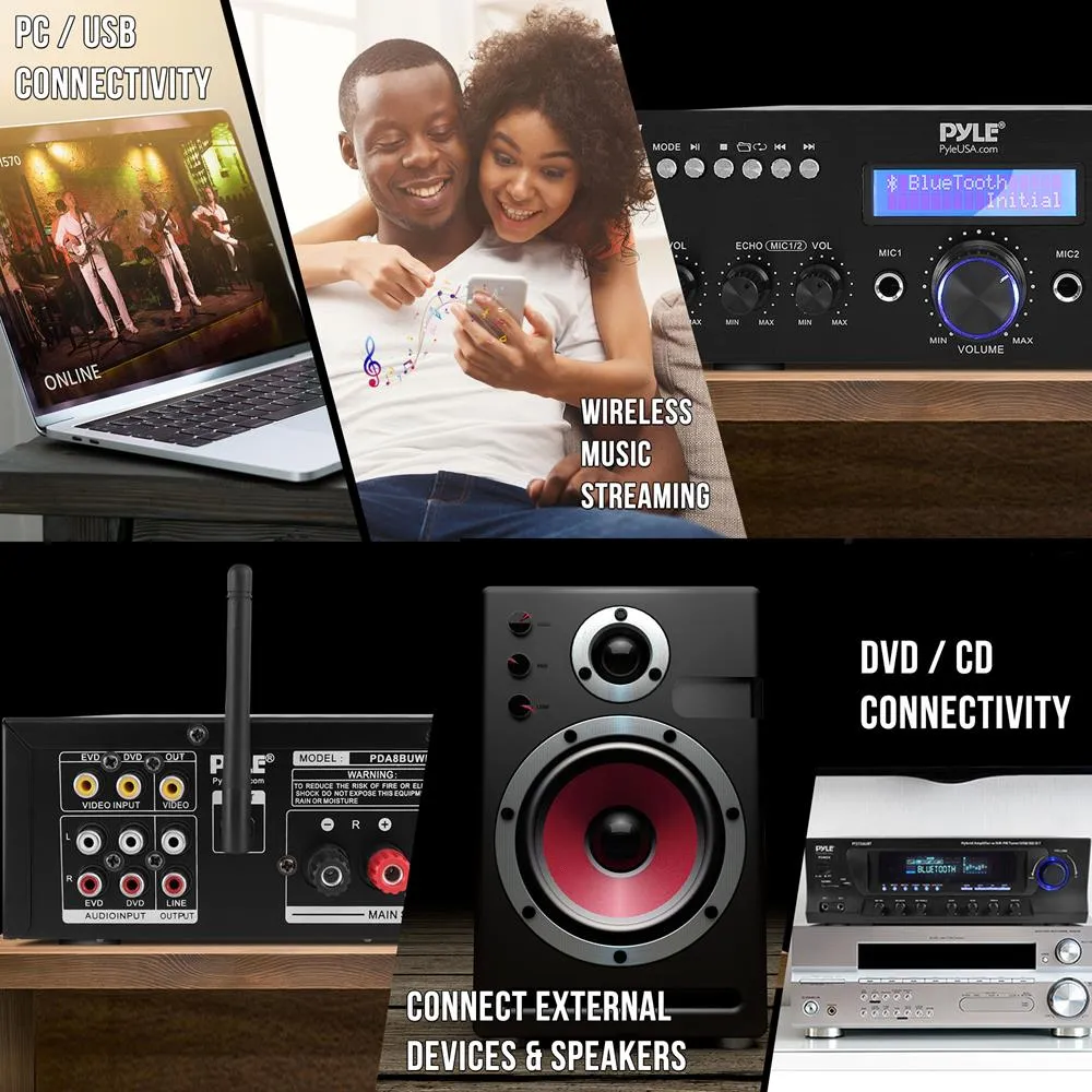Compact Home Theater Amplifier Stereo Receiver With Bluetooth Wireless Streaming, Uhf Wireless Microphone, Mic Echo, And Volume Control, Mp3/Usb/Sd/Aux/Fm Radio, Av Inputs (200 Watt)