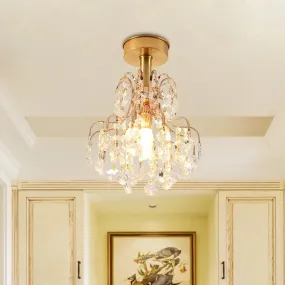 Contemporary Brass Teardrop Semi Flush Light with Crystal Shade - Ideal for Corridors