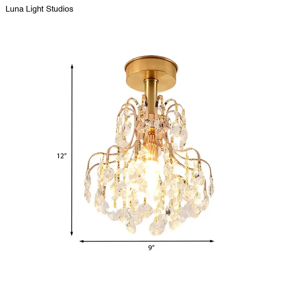 Contemporary Brass Teardrop Semi Flush Light with Crystal Shade - Ideal for Corridors