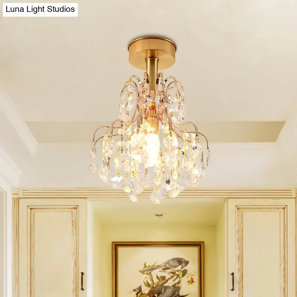 Contemporary Brass Teardrop Semi Flush Light with Crystal Shade - Ideal for Corridors