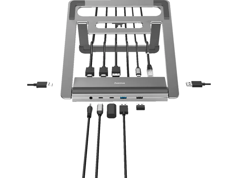 Docking station - Hama 00200139, 12 puertos en 1, Conector USB - C, Resolución 4K, Puerto de Audio de 3,5 mm, Gris