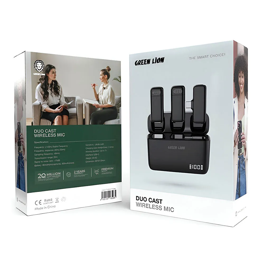 Green Lion Duo Cast GNDCTWMICTCBK Type-C 2.4GHz Dual Channel Wireless Microphone System - Black
