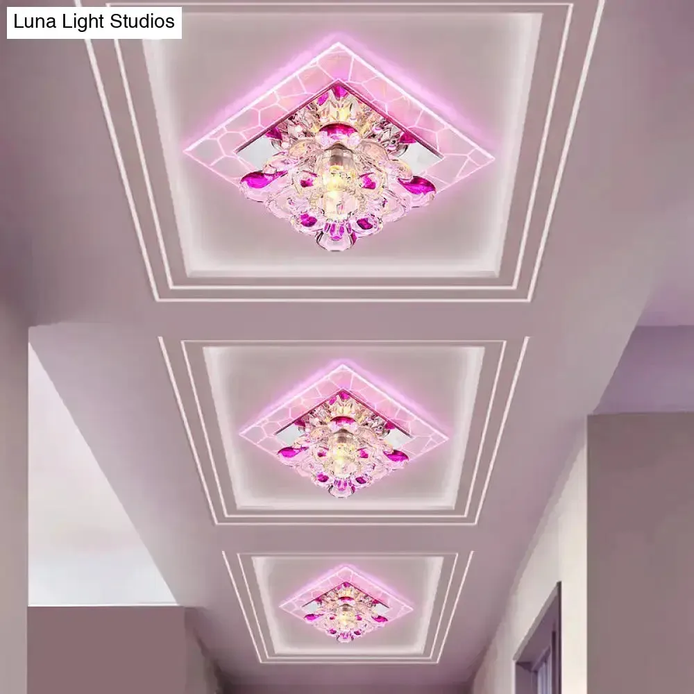 Nordic Crystal Flush Mount Light: Floral LED Purple Ceiling Fixture for Corridor