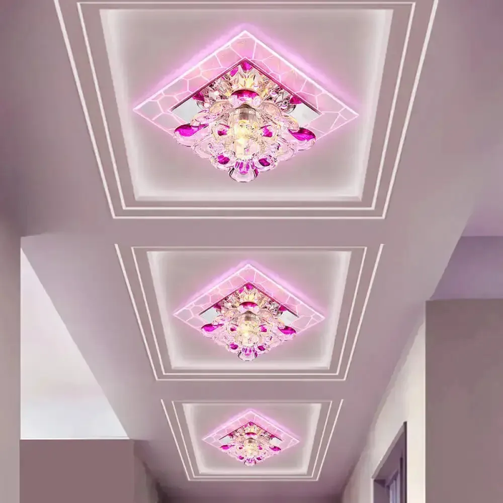 Nordic Crystal Flush Mount Light: Floral LED Purple Ceiling Fixture for Corridor