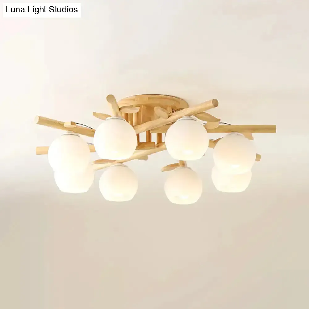 Nordic Wood Semi Flush Light with Cream Glass Sphere and Branch-Like Decor