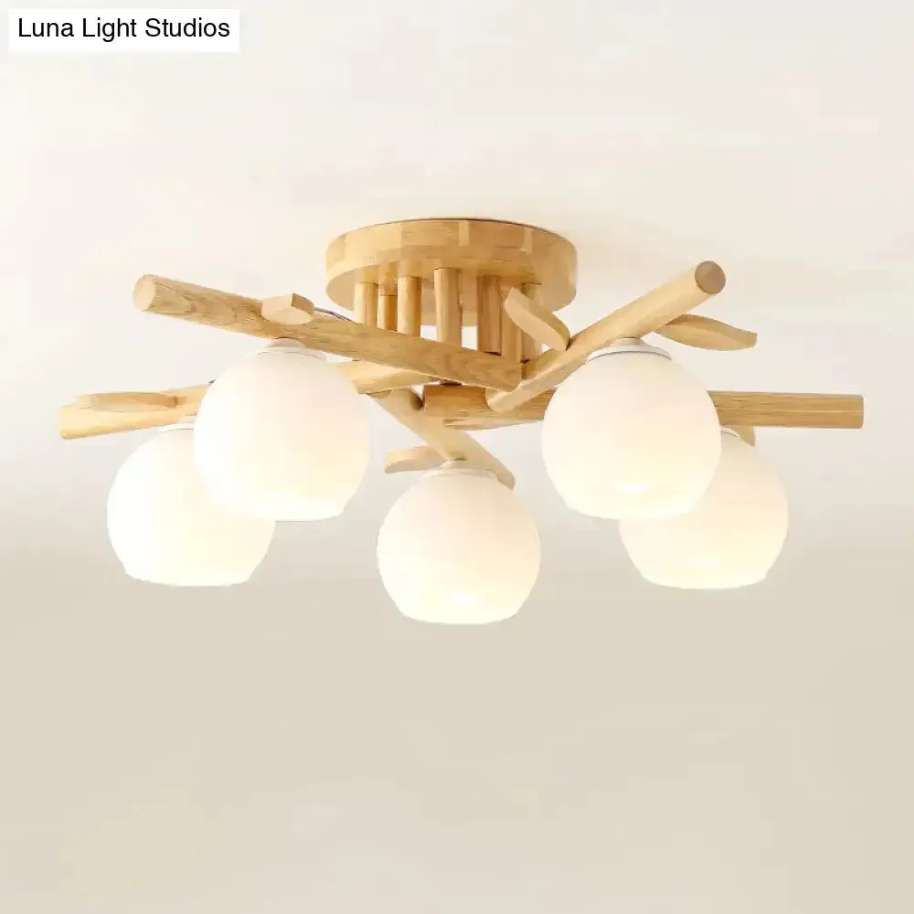 Nordic Wood Semi Flush Light with Cream Glass Sphere and Branch-Like Decor