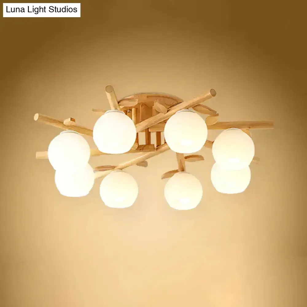 Nordic Wood Semi Flush Light with Cream Glass Sphere and Branch-Like Decor