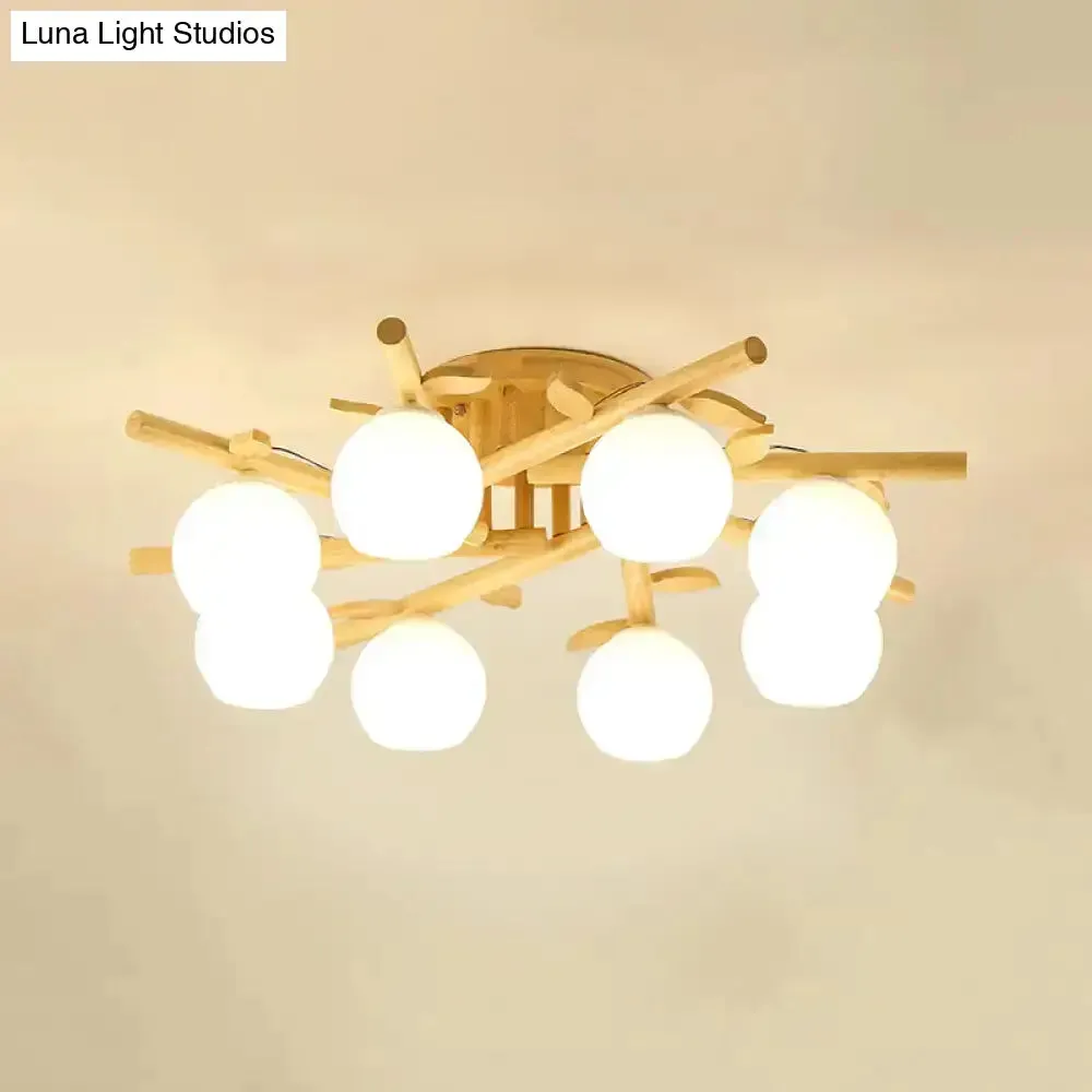 Nordic Wood Semi Flush Light with Cream Glass Sphere and Branch-Like Decor