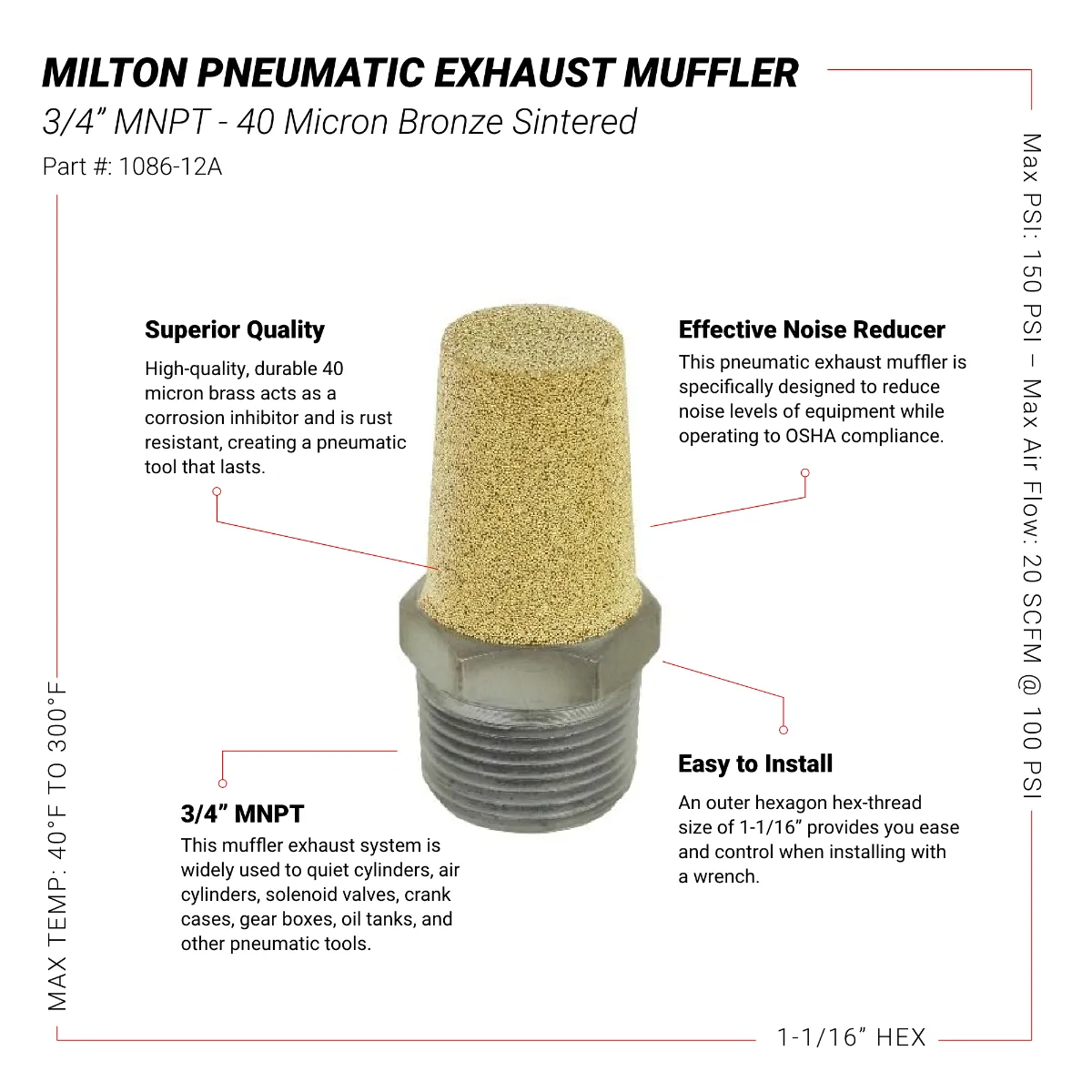 Pneumatic Exhaust Muffler, 3/4” MNPT, 40 Micron Sintered Bronze Silencer/Diffuse Air & Noise Reducer (Box of 25)