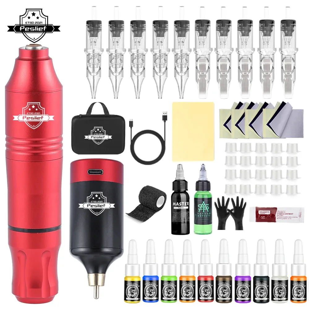 Professional Wireless Rotary Tattoo Machine Kit with 10Pcs Cartridge Needles Complete Set for Tattoo Artists and Beginners