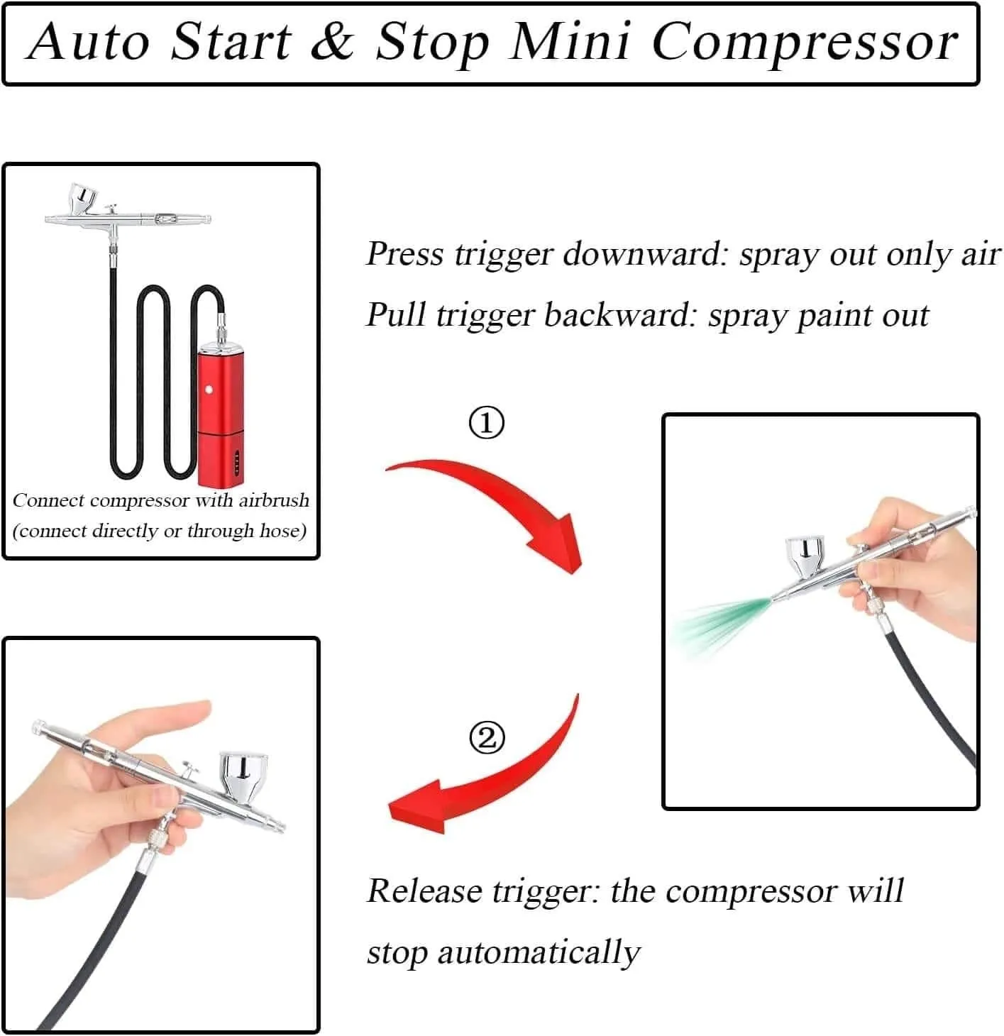Rechargeable cordless airbrush kit with compressor auto stop