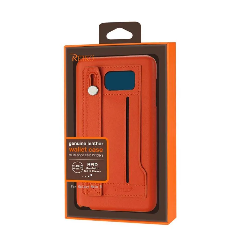 Reiko Samsung Galaxy Note 5 Genuine Leather Slim-Fit Case With Hand Strap & Rfid Shielded Card Slots In Tangerine