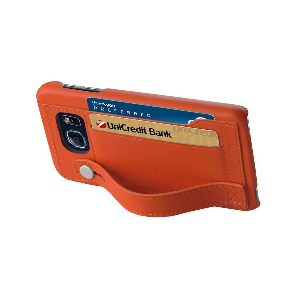 Reiko Samsung Galaxy Note 5 Genuine Leather Slim-Fit Case With Hand Strap & Rfid Shielded Card Slots In Tangerine