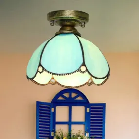 Stained Glass Flushmount Tiffany Single-Bulb Ceiling Light for Corridors - Elegant Scalloped Design