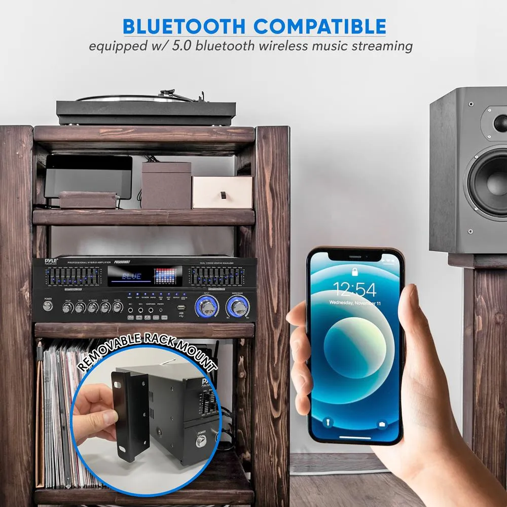 Stereo Bluetooth Home Theater Amplifier - Built-In Cooling Fan With & Radio Antenna, Bt/Fm/Optical/Coaxial/Hdmi & Dual 10 Band Eq, 1600 Watts