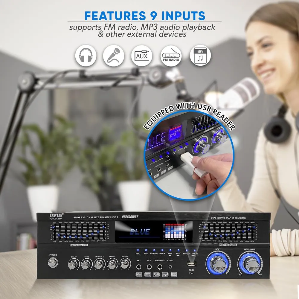 Stereo Bluetooth Home Theater Amplifier - Built-In Cooling Fan With & Radio Antenna, Bt/Fm/Optical/Coaxial/Hdmi & Dual 10 Band Eq, 1600 Watts